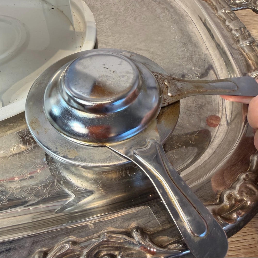 Vtg Mid Century Cream Enameled Fondue Pot Lid Stand Burner Snuffer - Picture 5 of 8